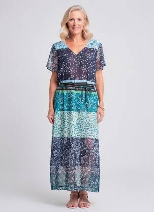 Robe longue imprimé fantaisie manches courtes bleu GRIFFON femme