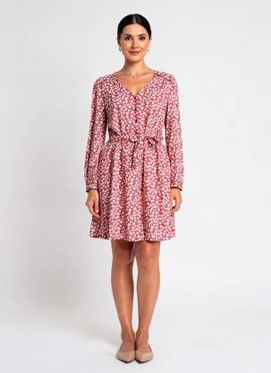 Robe mi-longue imprimé fantaisie manches longues rouge C'EST BEAU LA VIE femme
