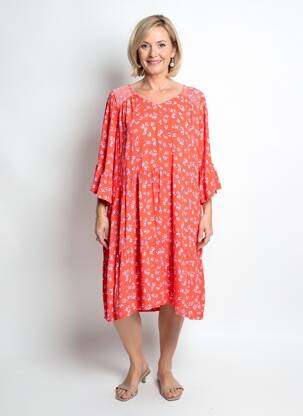 Robe mi-longue imprimé fantaisie manches courtes rouge SENORETTA femme