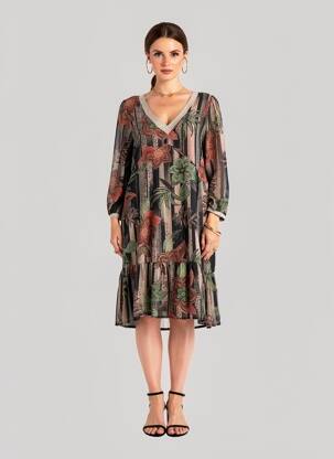 Robe mi-longue imprimé fleurs manches 3/4 noir LA FEE MARABOUTEE femme