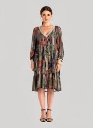 Robe mi-longue imprimé fleurs manches 3/4 noir LA FEE MARABOUTEE femme