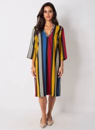 Robe mi-longue coupe fluide manches 3/4 jaune QUEENIE femme