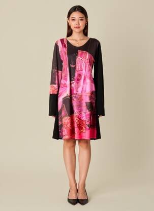 Robe mi-longue imprimé fleurs manches longues rose VOLT DESIGN femme