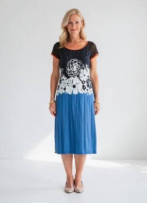 Robe mi-longue imprimé fleurs manches courtes noir FILIPINE LAHOYA femme