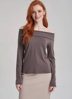 Top col carré manches longues marron ANNE ELISABETH femme