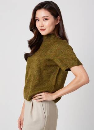 Pull coupe cintrée manches courtes vert GRACE & MILA femme