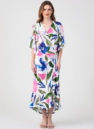 Robe mi-longue imprimé fleurs manches courtes bleu JOSEPH RIBKOFF femme