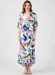 Robe mi-longue imprimé fleurs manches courtes bleu JOSEPH RIBKOFF femme