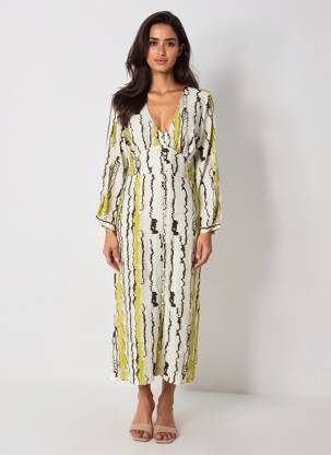 Robe mi-longue imprimé fantaisie manches longues vert STORIATIPIC femme