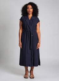 Robe mi-longue tissage crêpe manches courtes bleu TOUPY femme