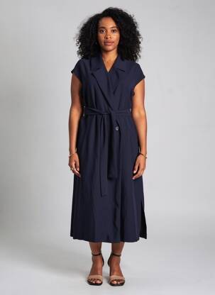 Robe mi-longue tissage crêpe manches courtes bleu TOUPY femme