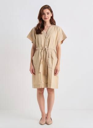 Robe mi-longue tissage crêpe manches courtes beige ZYGA femme