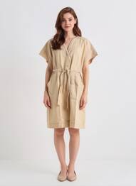 Robe mi-longue tissage crêpe manches courtes beige ZYGA femme