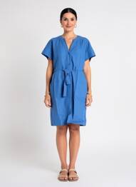 Robe mi-longue tissage crêpe manches courtes bleu ZYGA femme