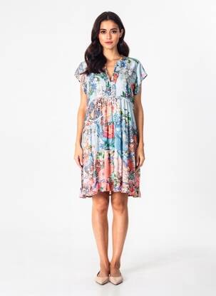 Robe mi-longue imprimé fantaisie manches courtes bleu VANIA femme