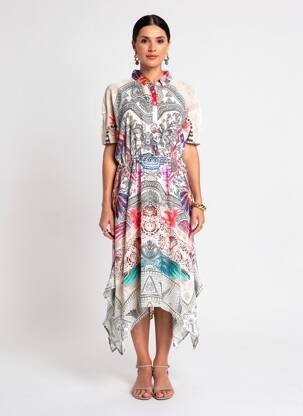 Robe mi-longue imprimé fantaisie manches courtes blanc VANIA femme