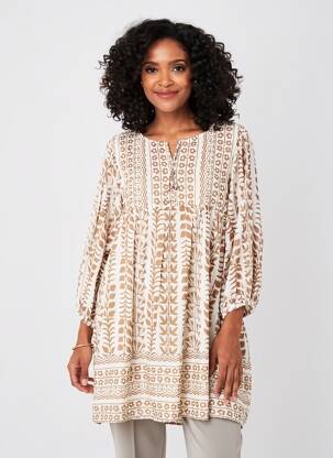 Robe mi-longue imprimé fantaisie manches longues beige VANIA femme
