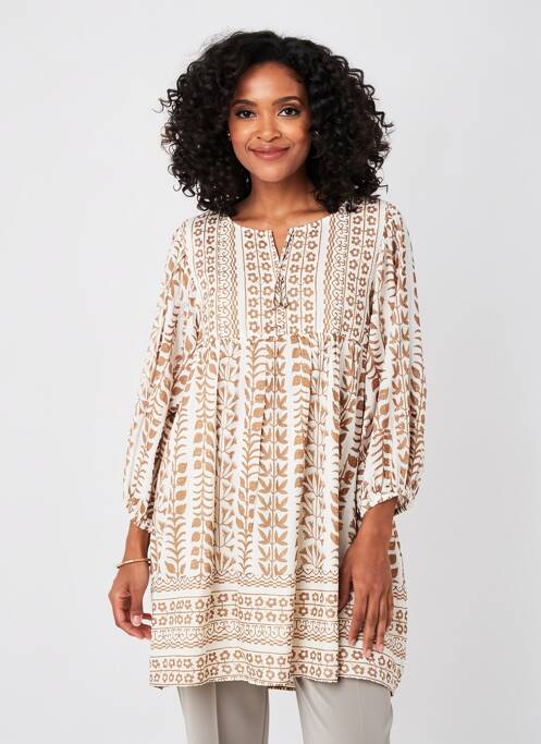Robe mi-longue imprimé fantaisie manches longues beige VANIA femme