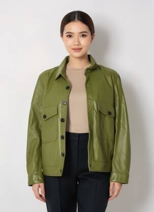 Veste en cuir poches vert ROSE GARDEN femme