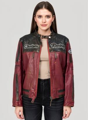 Veste en cuir poches rouge ROSE GARDEN femme