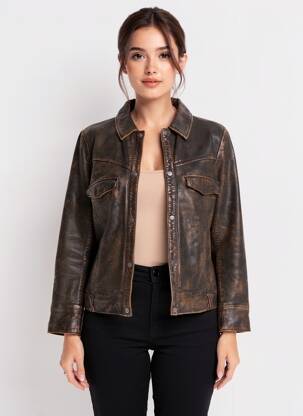 Veste en cuir finition intérieure doublure satiné marron ROSE GARDEN femme