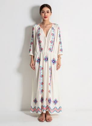 Robe longue tissage crêpe manches 3/4 beige C'EST BEAU LA VIE femme