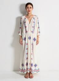 Robe longue tissage crêpe manches 3/4 beige C'EST BEAU LA VIE femme