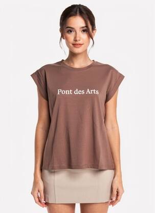 T-shirt sérigraphie floquée manches courtes marron GRACE & MILA femme