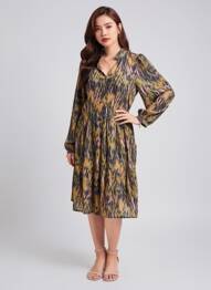 Robe mi-longue coupe fluide manches longues vert ICHI femme