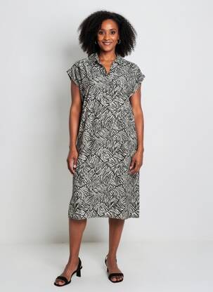 Robe mi-longue tissage crêpe manches courtes noir STREET ONE femme