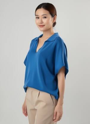 Pull stretch manches courtes bleu O'MER femme