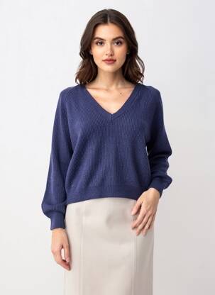 Pull col v manches longues bleu ICHI femme