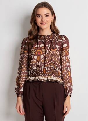 Blouse légère et transparente manches longues marron AN' GE femme