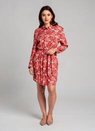 Robe mi-longue imprimé fantaisie manches longues rouge ICHI femme