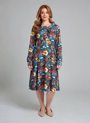 Robe mi-longue imprimé fleurs manches longues noir MARGOT femme