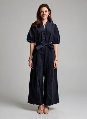 Combi-pantalon fermeture boutonnée sur le devant manches courtes bleu EMILYANDFIN femme