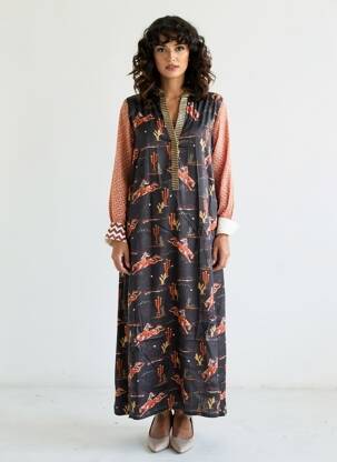 Robe longue imprimé fantaisie manches longues noir ME369 femme