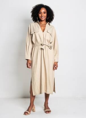 Robe mi-longue manches longues manches longues beige DIEGA femme