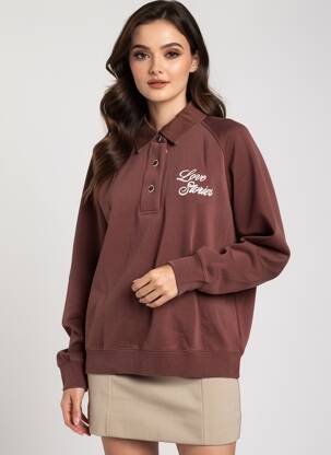 Sweat-shirt broderie manches longues marron LOVE STORIES femme