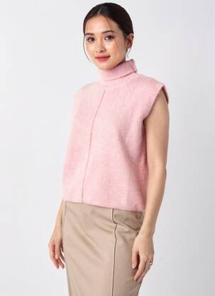 Pull col roulé tissage chiné sans manche rose HANA SAN femme