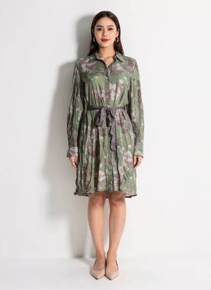 Robe mi-longue imprimé fleurs manches longues vert LAST QUEEN femme