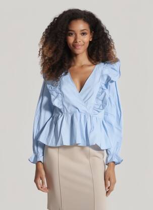 Blouse tissage popeline manches longues bleu ANDY & LUCY femme