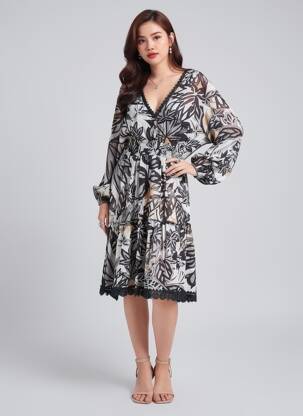 Robe mi-longue imprimé fleurs manches longues noir APRIL VINTAGE femme