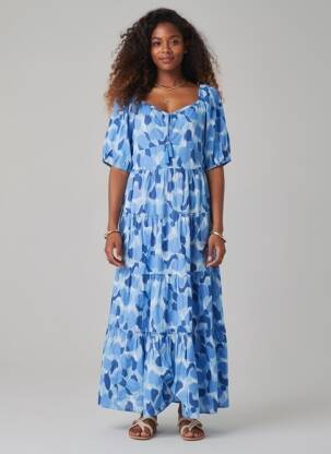 Robe longue tissage popeline manches courtes bleu AN' GE femme