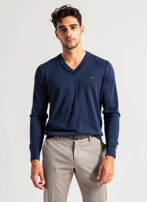 Pull col v manches longues bleu TOMMY HILFIGER homme
