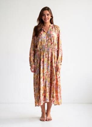 Robe mi-longue imprimé fleurs manches longues rose LA PETITE ETOILE femme