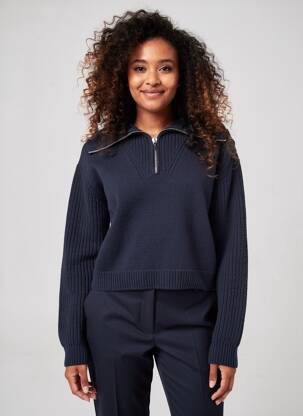 Pull maille tricot manches longues bleu fonce THINKING MU femme