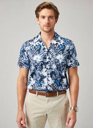 Chemise manches courtes col tailleur bleu DESOTO homme