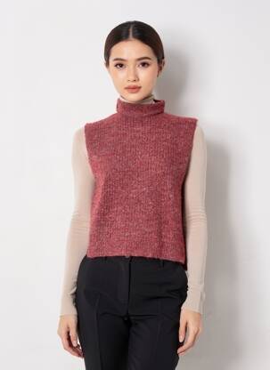 Pull col roulé tissage chiné sans manche rouge INDI & COLD femme