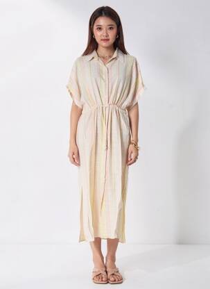 Robe longue imprimé fantaisie manches courtes beige ARTLOVE femme